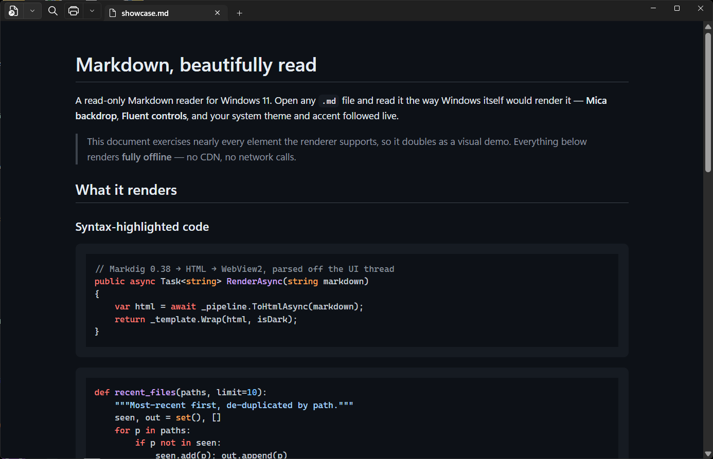 Njamr displaying a Markdown document in its dark Windows 11 interface