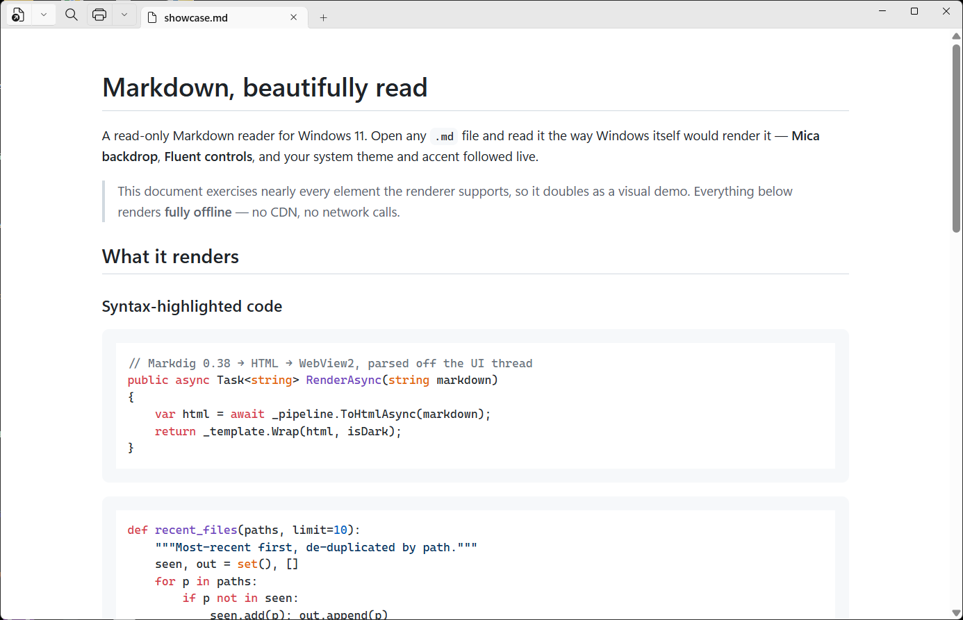 Njamr displaying a Markdown document in its native Windows 11 interface